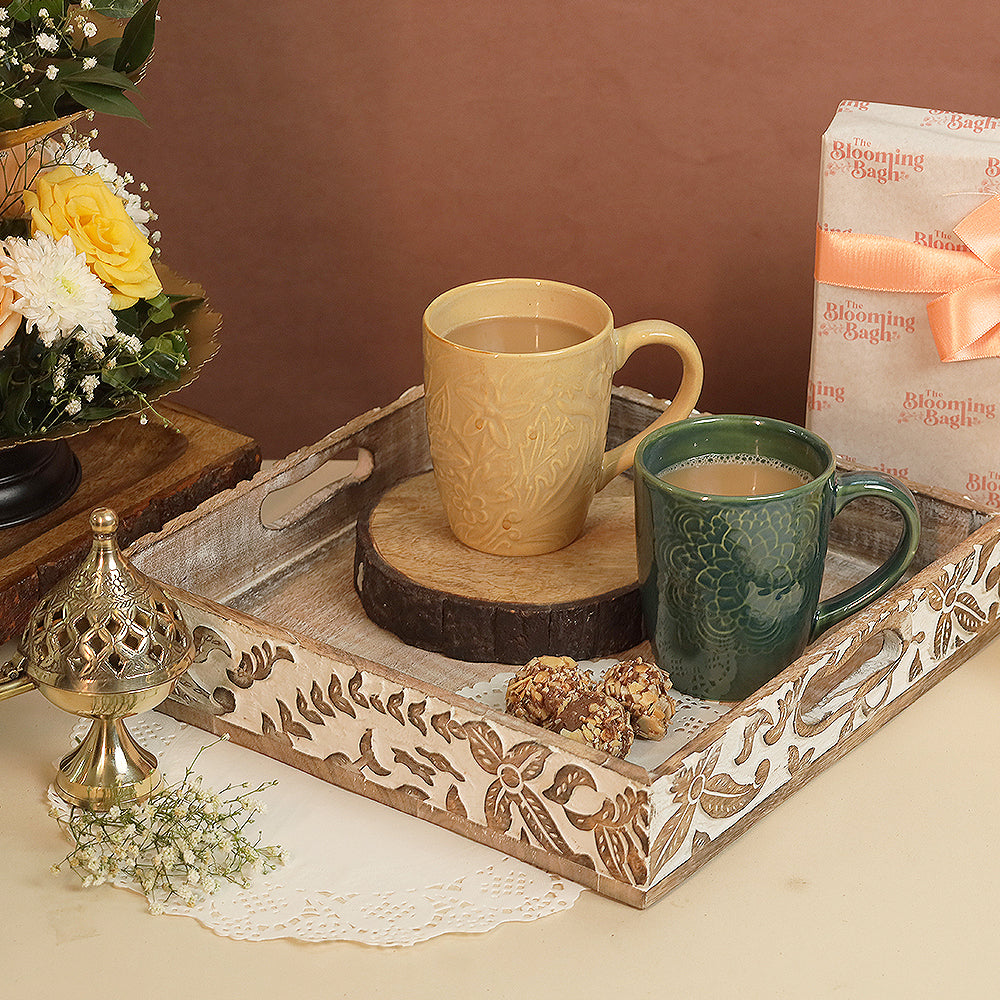 Carved Mugs and Burnt Wood Tray Set