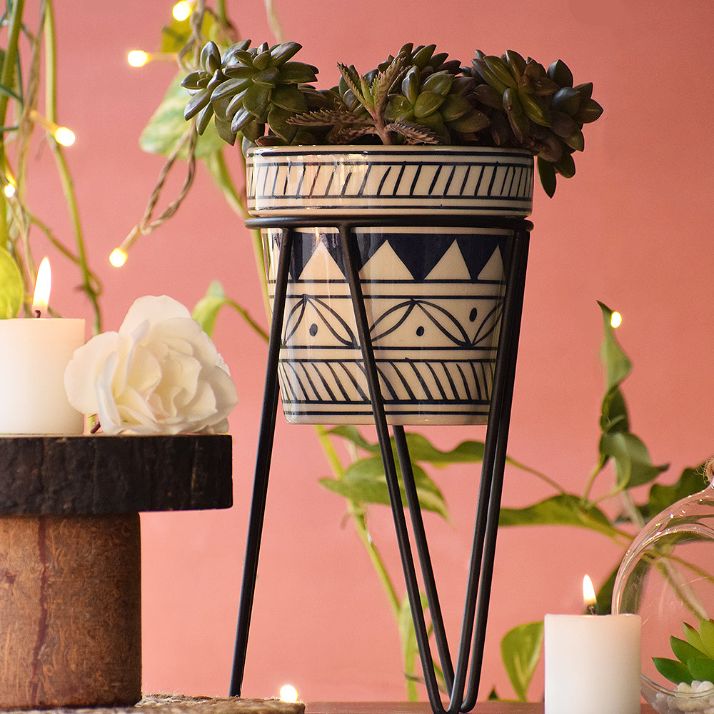 Greek Geometric Planter With Bold Black Stand