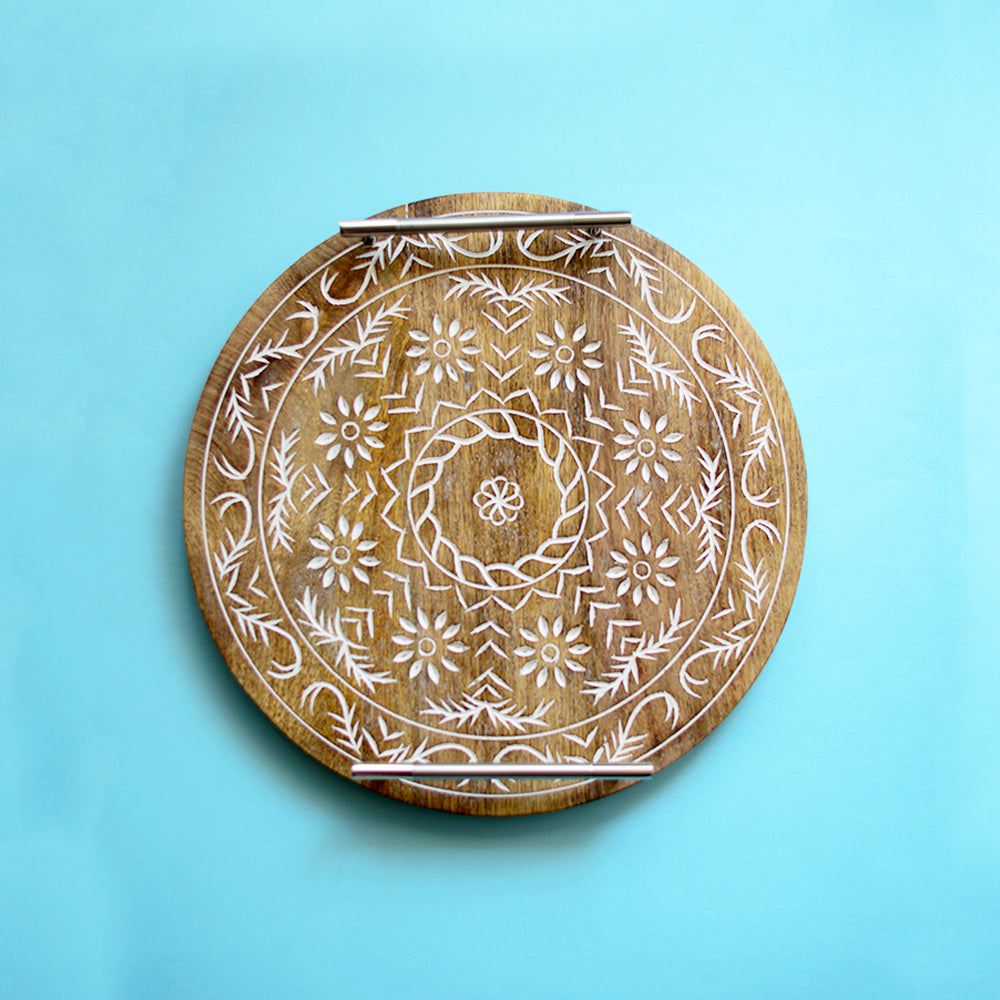 Brass Tray Carved Etched Floral Leafy Pattern With embossed floral border  With Two Handles